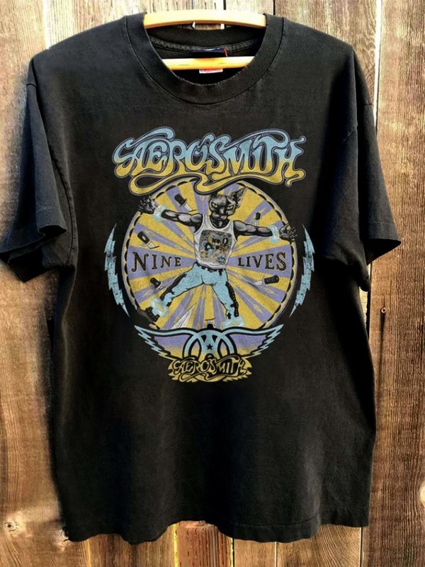 Vtg Aerosmith band Nive Lives 90s Black Short Sleeve T shirt Reprint NH21488