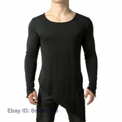 Mens Asymmetric Slit Hem Summer T-shirt Top Tee Long Sleeve Pullover Shirt Hot