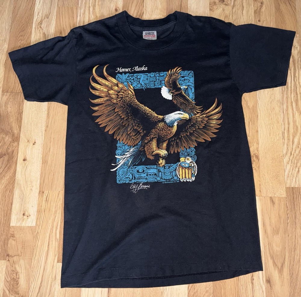 Vintage Alaska Tribal Print American Bald Eagle Nature T Shirt Oneita Size LG