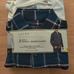 NWT Jachs Thermal & Flannel Set Adult Mens Small Blue Plaid Button Up Collared