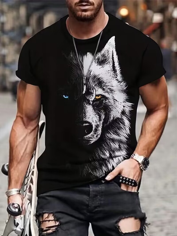 Camiseta Manga Corta Estampado Gráfico Hombre Ropa Calle Blanco Negro Lobo Tee