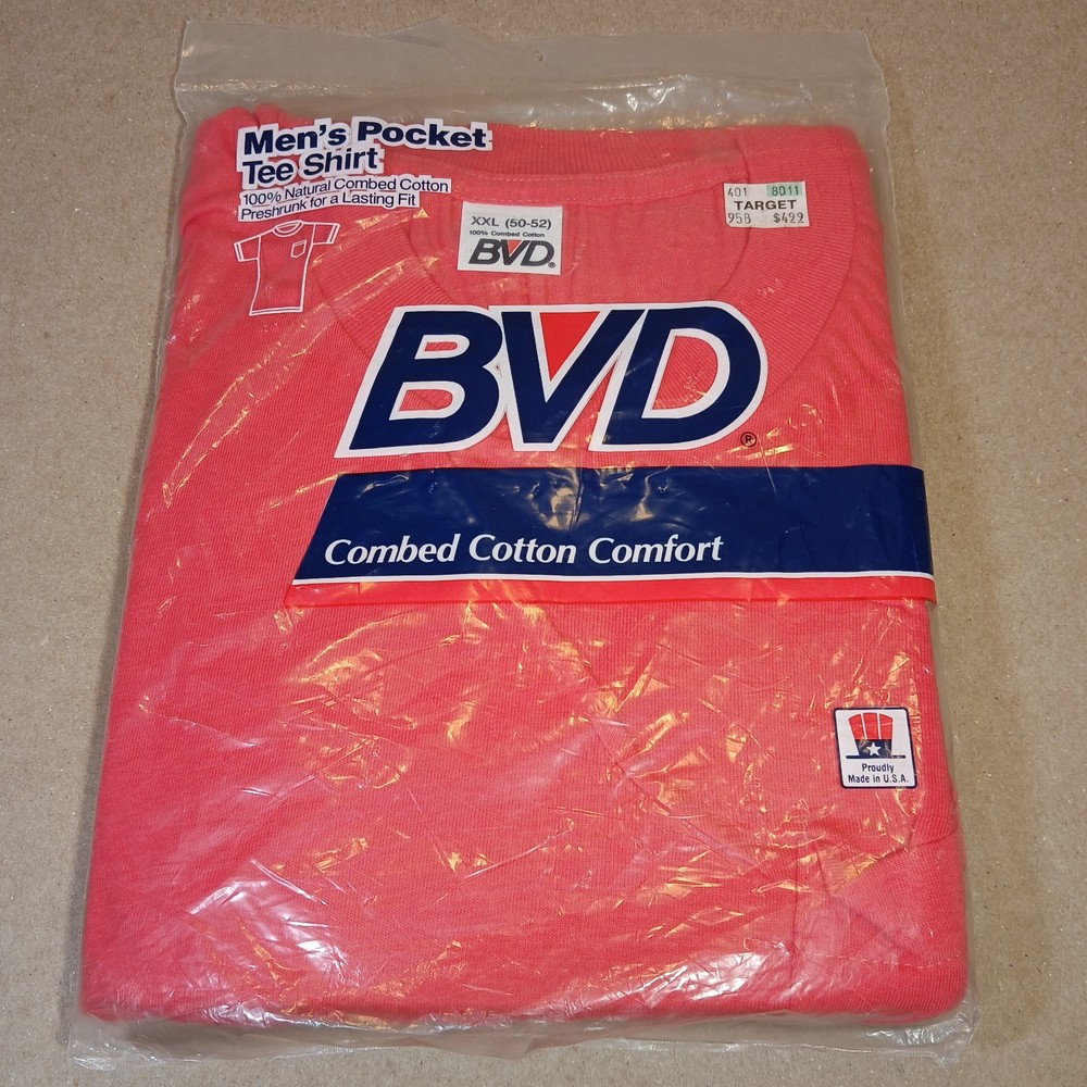 Vintage BVD Mens Red Pocket Tee XXL (50-52) Combed Cotton USA Made BRAND NEW