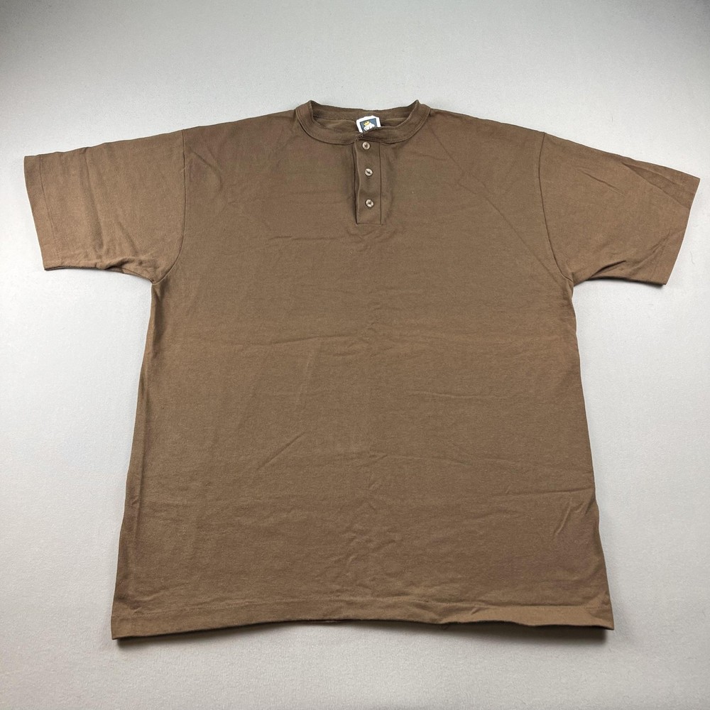 Vintage Brown T-Shirt Henley Mens Large Brown Blank Single Stitch Cotton USA 90s