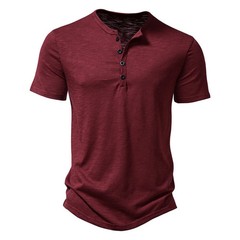 Henley Collar Summer Men Casual Solid Color Short Sleeve T Shirt for Men Polo.