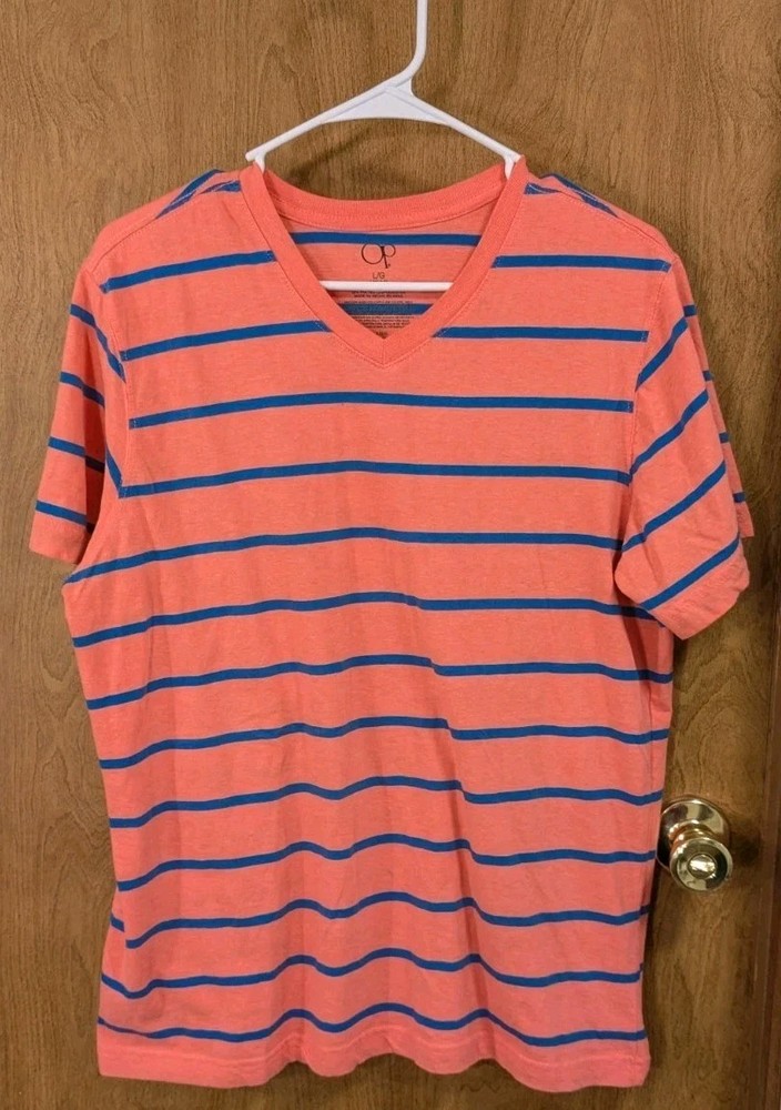 Ocean Pacific T-Shirt V Neck Men Size Large Coral Orange Striped Short Sleeve