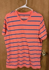 Ocean Pacific T-Shirt V Neck Men Size Large Coral Orange Striped Short Sleeve