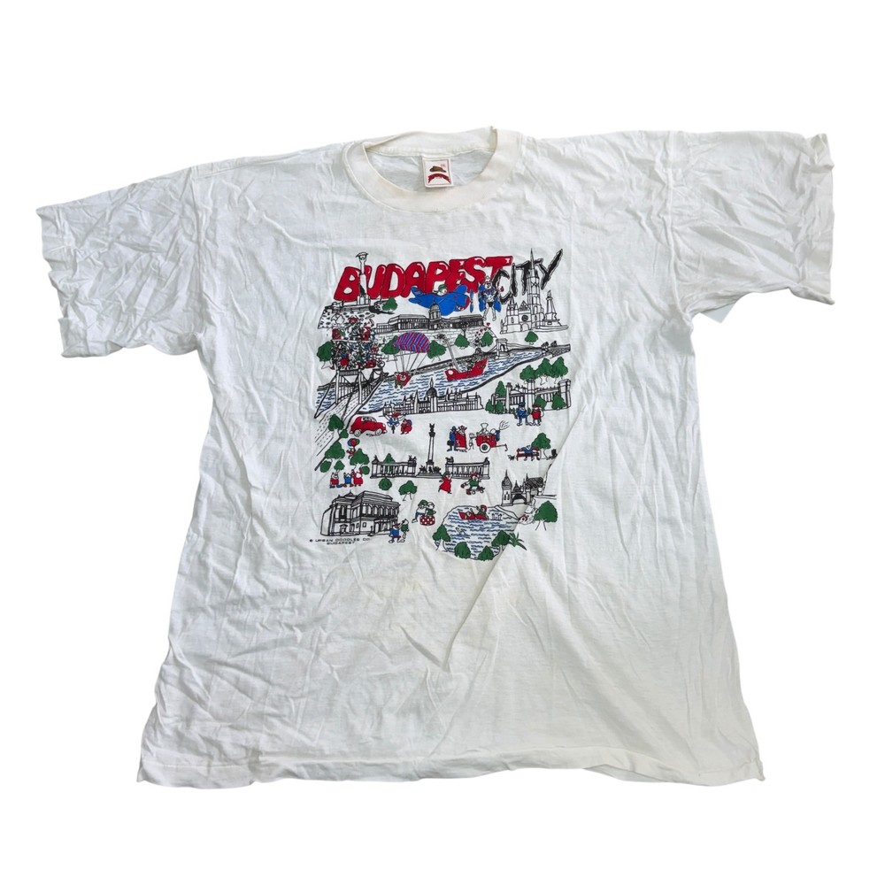 Vintage White Single Stitch T-Shirt Budapest 90s Retro Print Mens 2XL