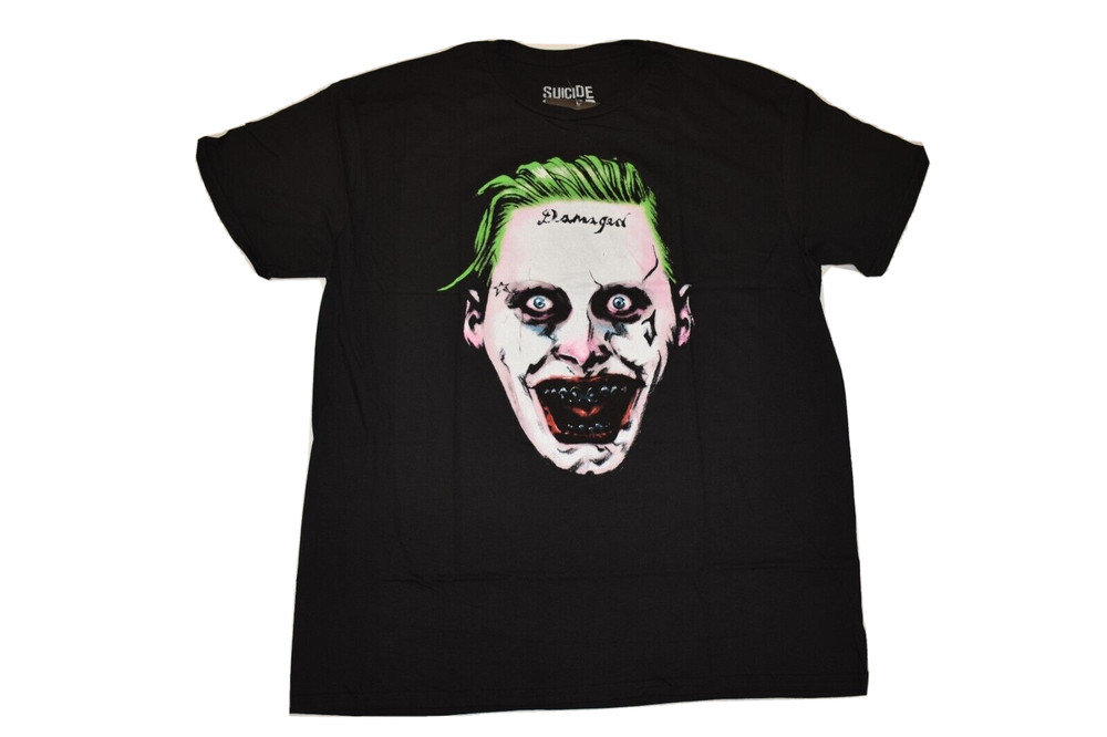 Suicide Squad Mens DC Comics Joker Damaged Tattoo On Forehead Shirt NWT S, L, XL