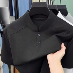 Business Casual Short Sleeve T-Shirt for Men Solid Spliced Mesh Slim Collar