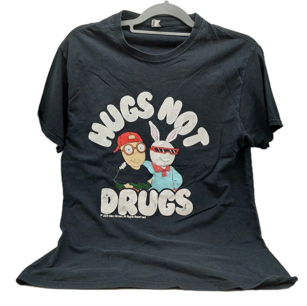 Arthur & Buster Hugs Not Drugs Graphic T-shirt Size medium 2001 Y2K Black READ