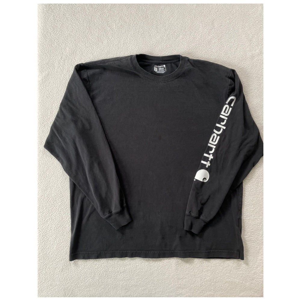 Carhartt Mens Large Long Sleeve T-Shirt Black K231 Loose Fit Arm Logo Spellout