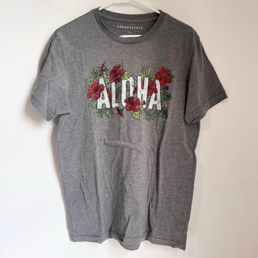 Aeropostale Gray Aloha Floral Graphic Print Crewneck Short Sleeve T-Shirt L