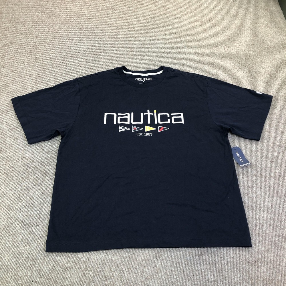 Nautica Shirt Mens Medium Navy Big Logo Flags Graphic Tee Tagless Nautical