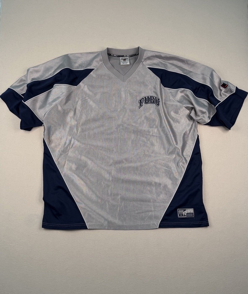 Vintage FUBU Sports Jersey XXL Grey Navy Mesh Y2K Hip Hop Streetwear Shirt