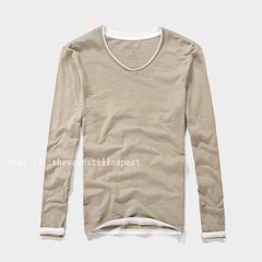 Mens Round Collar Long-Sleeved T-Shirts Cotton V-Neck Solid Color Casual Tops
