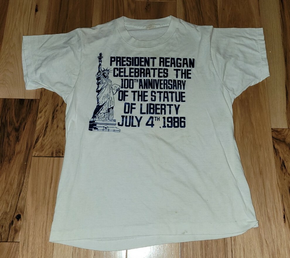 Vtg. 1986 President Reagan Political T Shirt July 4th Statue Liberty Large USA