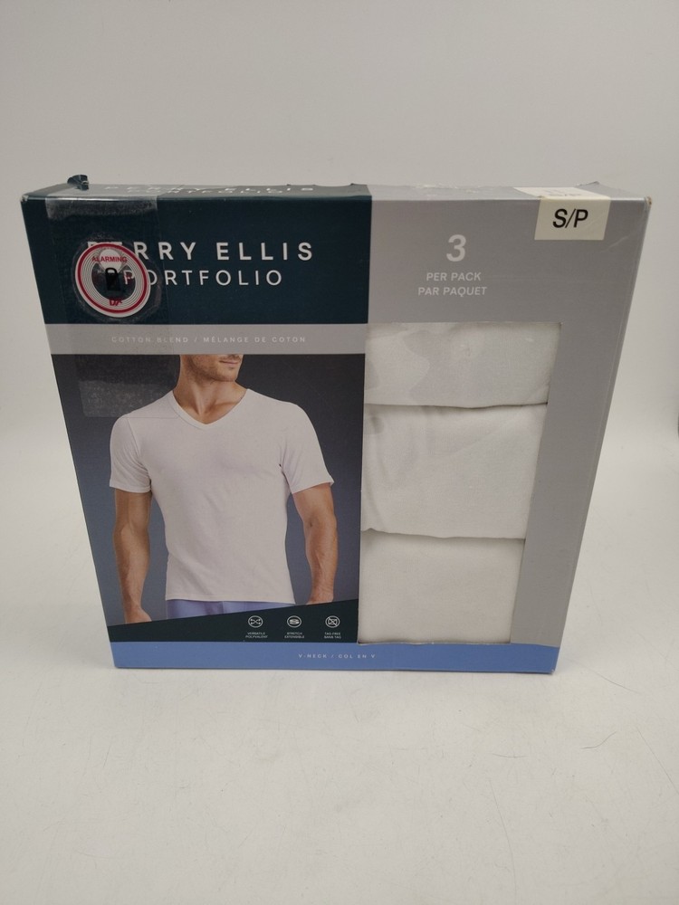 NIB Perry Ellis Portfolio 3 Pack Men’s Small V-Neck White T-Shirt Cotton Blend