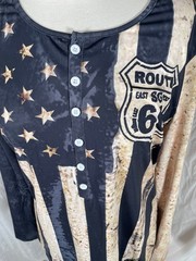 Route 66 Mens Shirt Large Henley Flag USA Blue Brown Button Easy Care