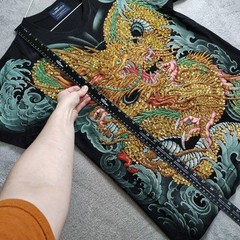 TARMAFIA Year of the Dragon Handmade Sequin & Beaded Mens L Shirt Power Fortune