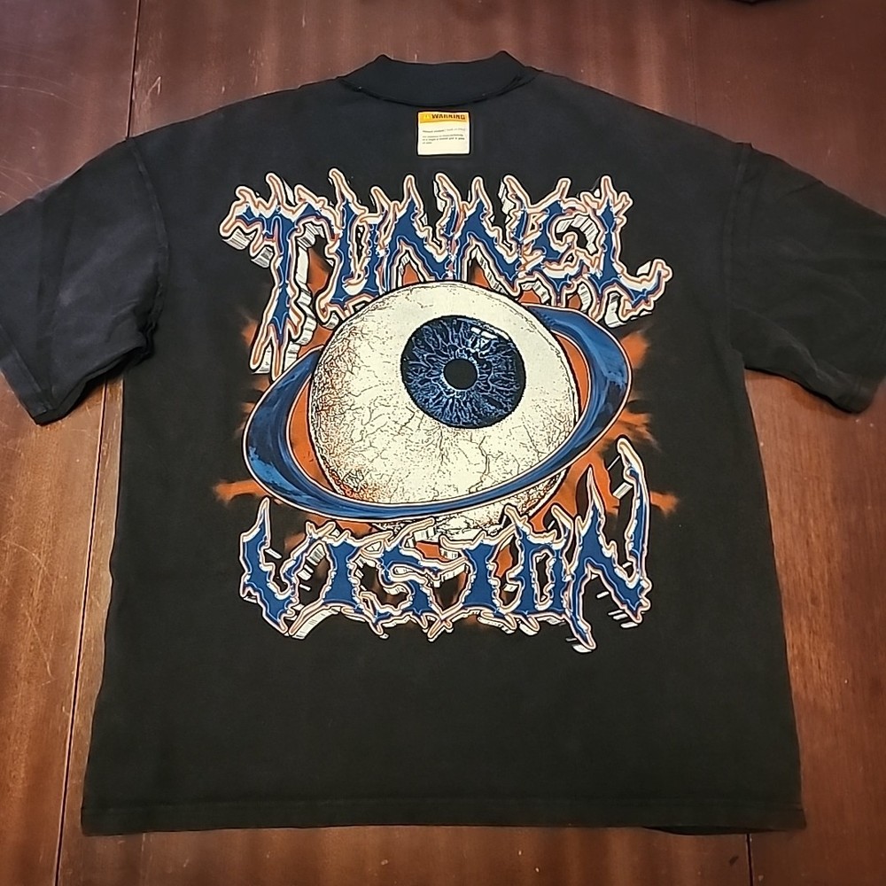 D.V.O Tunnel Vision Oversized Black Graphic Mock Neck Double-Sided T-Shirt Large