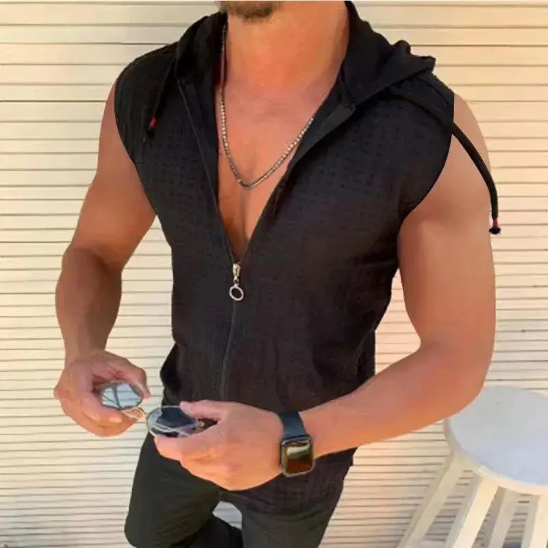 2026 sleeveless hooded zipper cardigan T-shirt for men’s summer new fashion