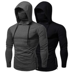 Mens Long Sleeve Hooded T-shirt Fitness Gym High Neck Stretch Shirt Hoodie