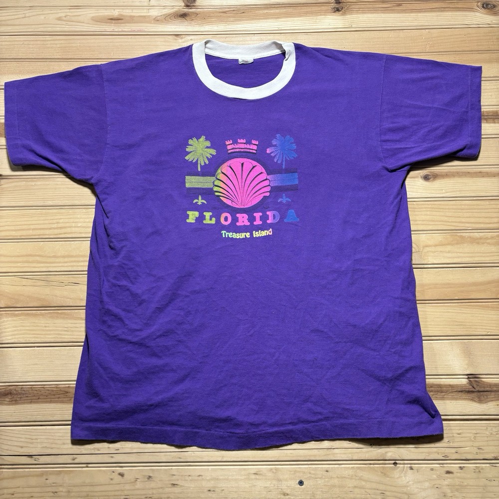Vintage 90s Florida Treasure Island Rainbow Seashell Ringer Shirt Size XL