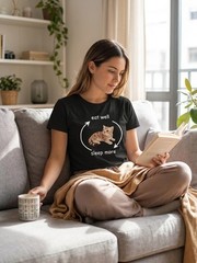 Spring And Summer Casual Print T-Shirt, Black Dot Cat Expression Pattern Print