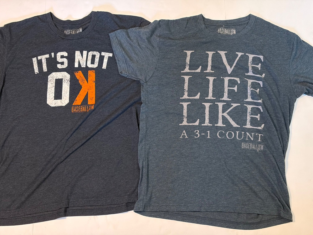 Lot of 2 Baseballism T-Shirts Mens Sz Large 3-1 Count & It’s Not OK Tees