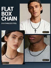 Stylish Stainless Steel Flat Box Link Chain Necklace for Men, Silver/Gold/Bla…