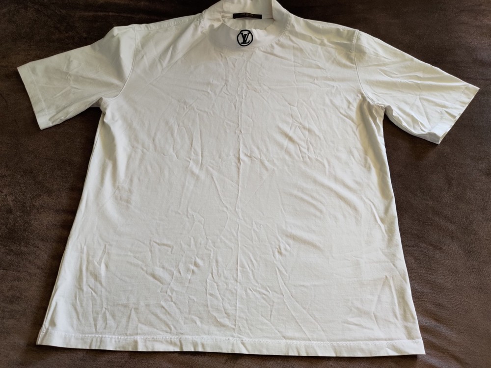 LOUIS VUITTON WHITE HIGH NECK / COWL NECK EMBROIDERED MONOGRAM T-SHIRT MEDIUM