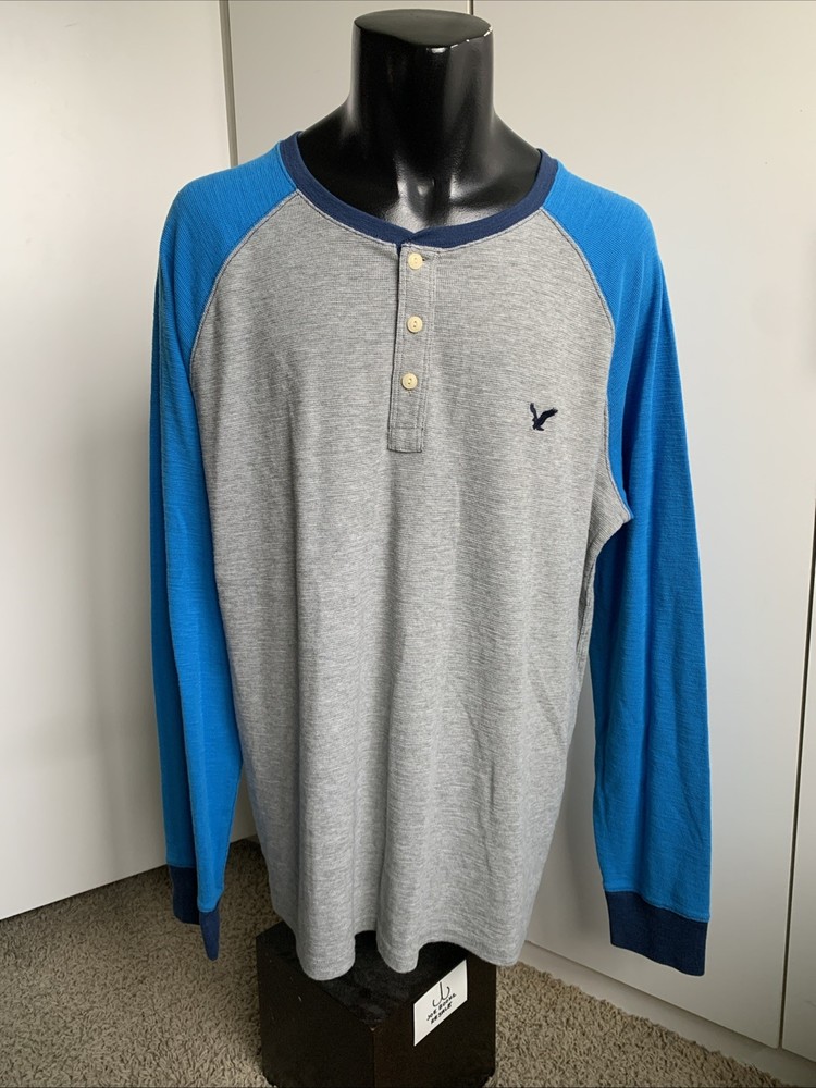 AMERICAN EAGLE Heritage Henley Neck Logo Thermal Shirt sz XXL Blue Gray 2XL