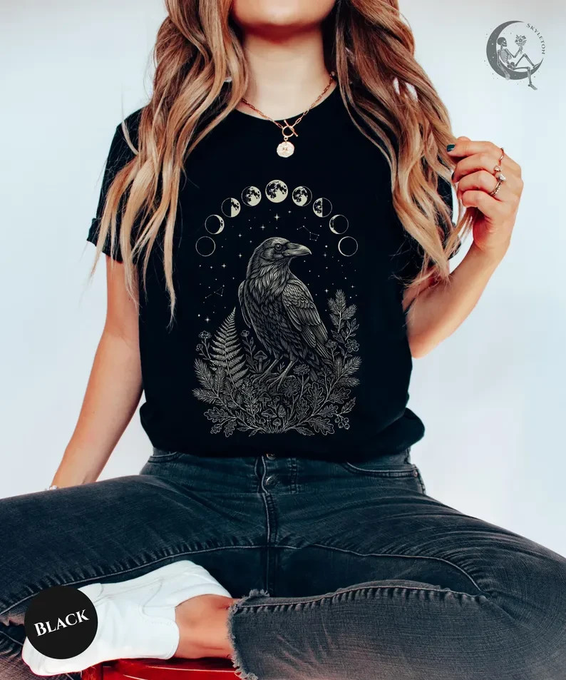 Raven Moon Phases Shirt, Gothic Crow T-Shirt, Dark Academia Celestial shirt