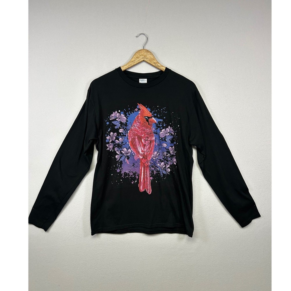 Naturecore Port & Company Mens Med Black Cardinal Bird Graphic Long Sleeve Tee
