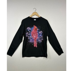 Naturecore Port & Company Mens Med Black Cardinal Bird Graphic Long Sleeve Tee