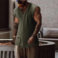 Men Vest Solid Color Casual Leisure Individual Old Style Loose Type Ripped Edge