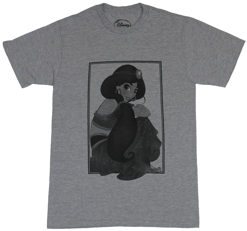 Aladdin Adult New T-Shirt – B & W Crouched Jasmine In A Box Pic