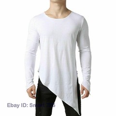 Mens Asymmetric Slit Hem Summer T-shirt Top Tee Long Sleeve Pullover Shirt Hot