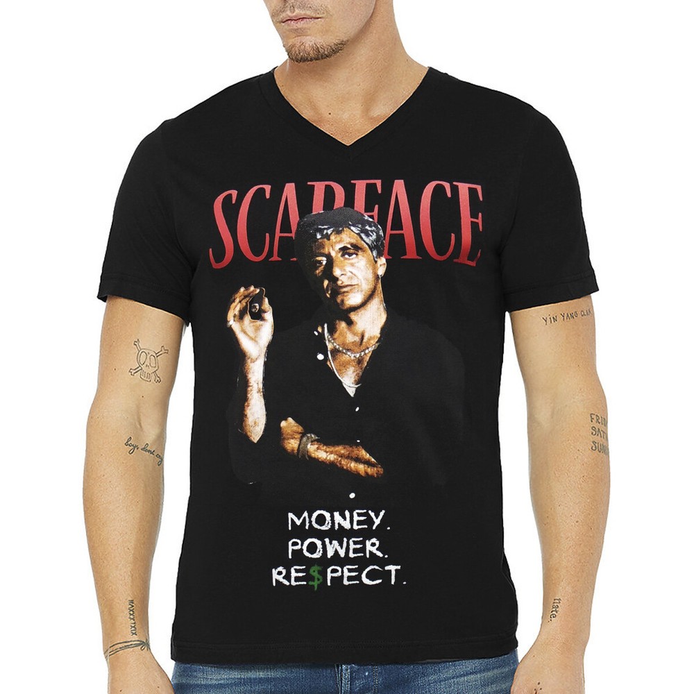NWT SCARFACE MONEY POWER RESPECT RETRO EXCHANGE FASHION MEN BLACK V-NECK T-SHIRT