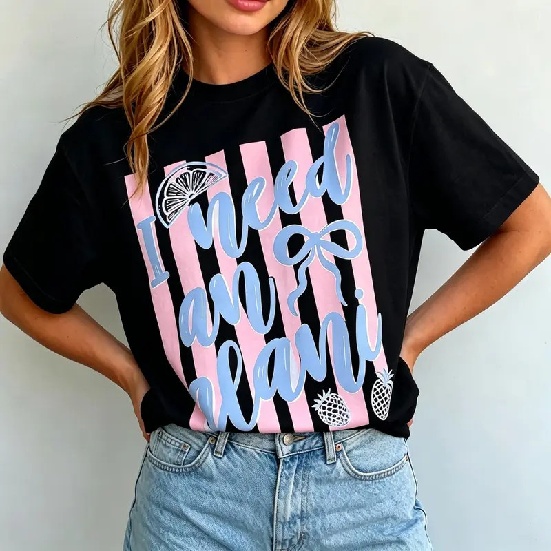 Stylish I Need An Alani T-Shirt Energy Drink Vibe Top Pink and Blue Striped