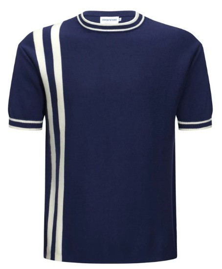Men’s Navy Knit Tee with White Stripes – 1970s Mod Vintage Style
