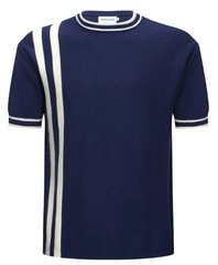 Men’s Navy Knit Tee with White Stripes – 1970s Mod Vintage Style