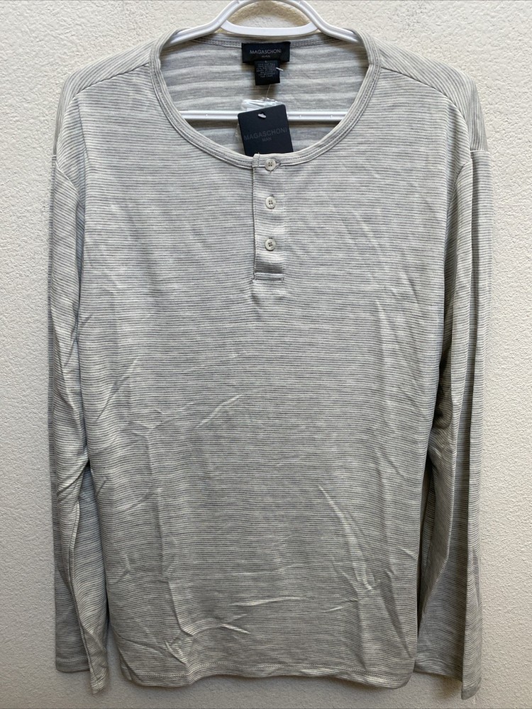 NEW Magaschoni Men’s Large Gray Long Sleeve Henley Tee Shirt Comfort $68