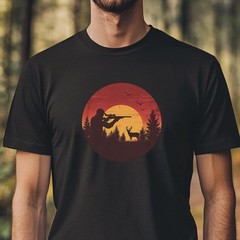 #26 Hunting T-Shirt, Deer and Hunter, Sunset, Retro Wilderness Design for Men, G