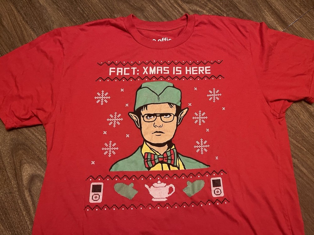 Dwight Schrute Elf Christmas Holiday Theme Large Red T Shirt