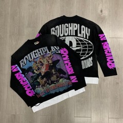 RoughPlay Washed Black Patchwork Long-Sleeved Round-Neck Shirt