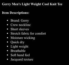 Gerry Cool Knit Tee Men’s Size Medium, Black Moisture Wicking Crewneck T-Shirt M