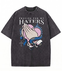 Mens Vintage Wash Hip Hop T-Shirt Praying For My Haters Graphic Streetwear Tee