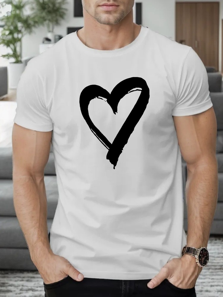 Heart Print T Shirt Tees Men Casual Short Sleeve T-shirt Summer Blouse Tops ♮