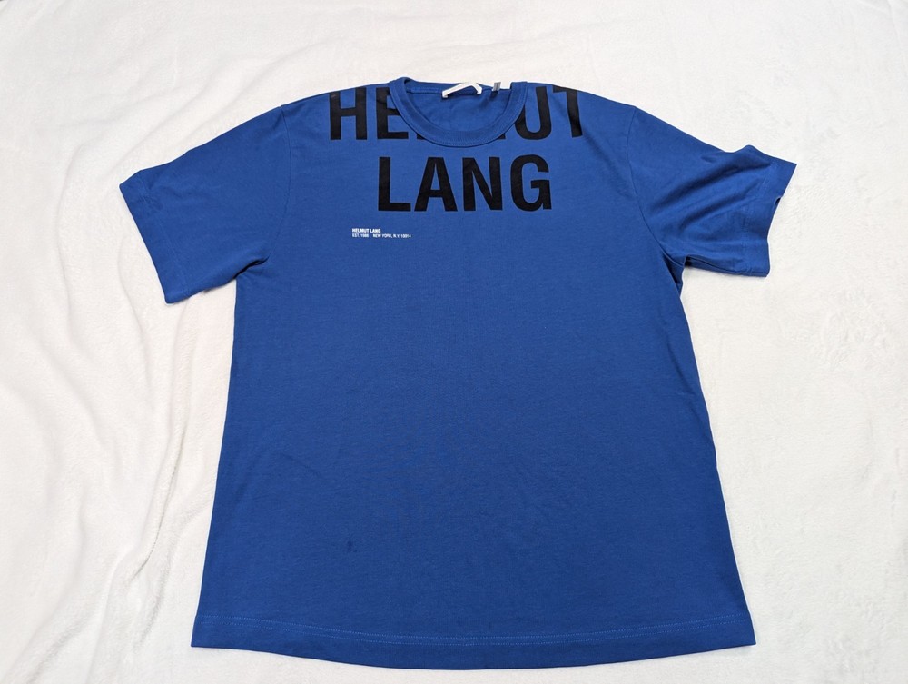 HELMUT LANG Cut Off Logo Shirt Mens Medium Blue Tee T-Shirt